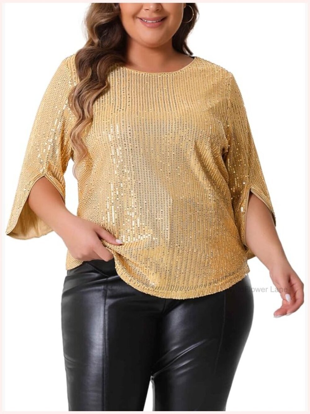 Plus Size Sequin Blouse with 3/4 Slit Sleeves, Crew Neck, Party Top